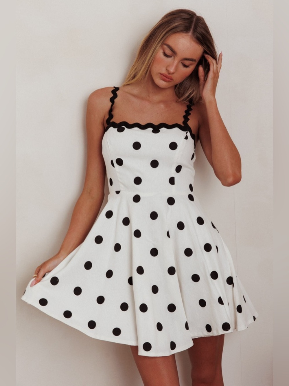 Indikah Won Me Over Polka Dot Ric Rac Mini Dress White Black Small